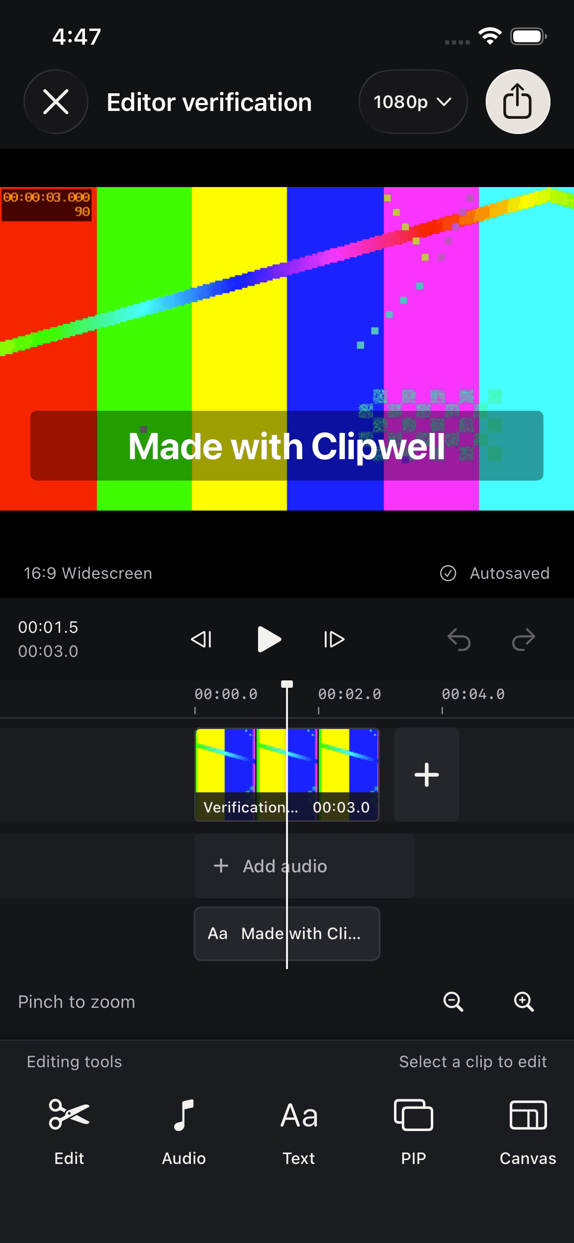 Clipwell development build showing its video timeline and editing tools