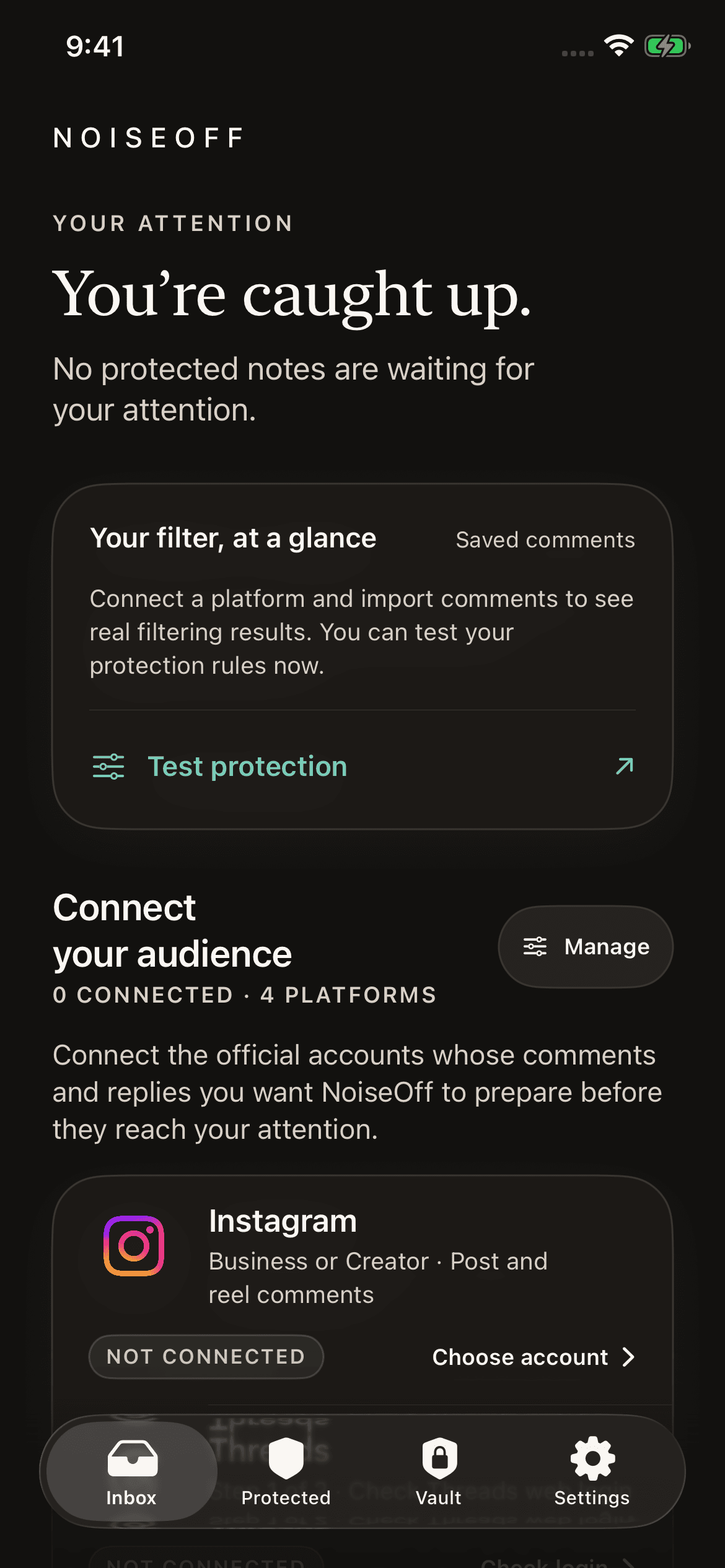 NoiseOff inbox in English with filtering status and official channel connection options