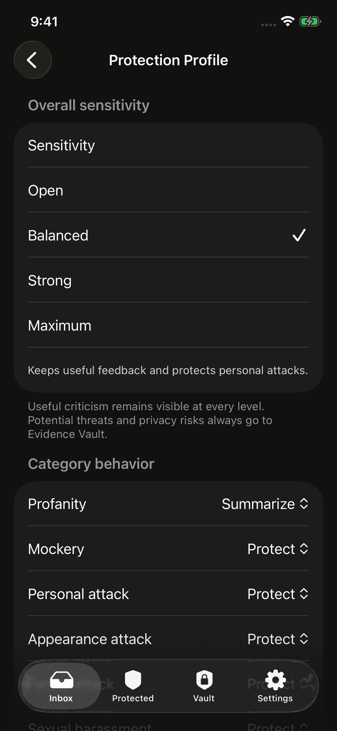 NoiseOff Protection Profile in English with adjustable filtering preferences
