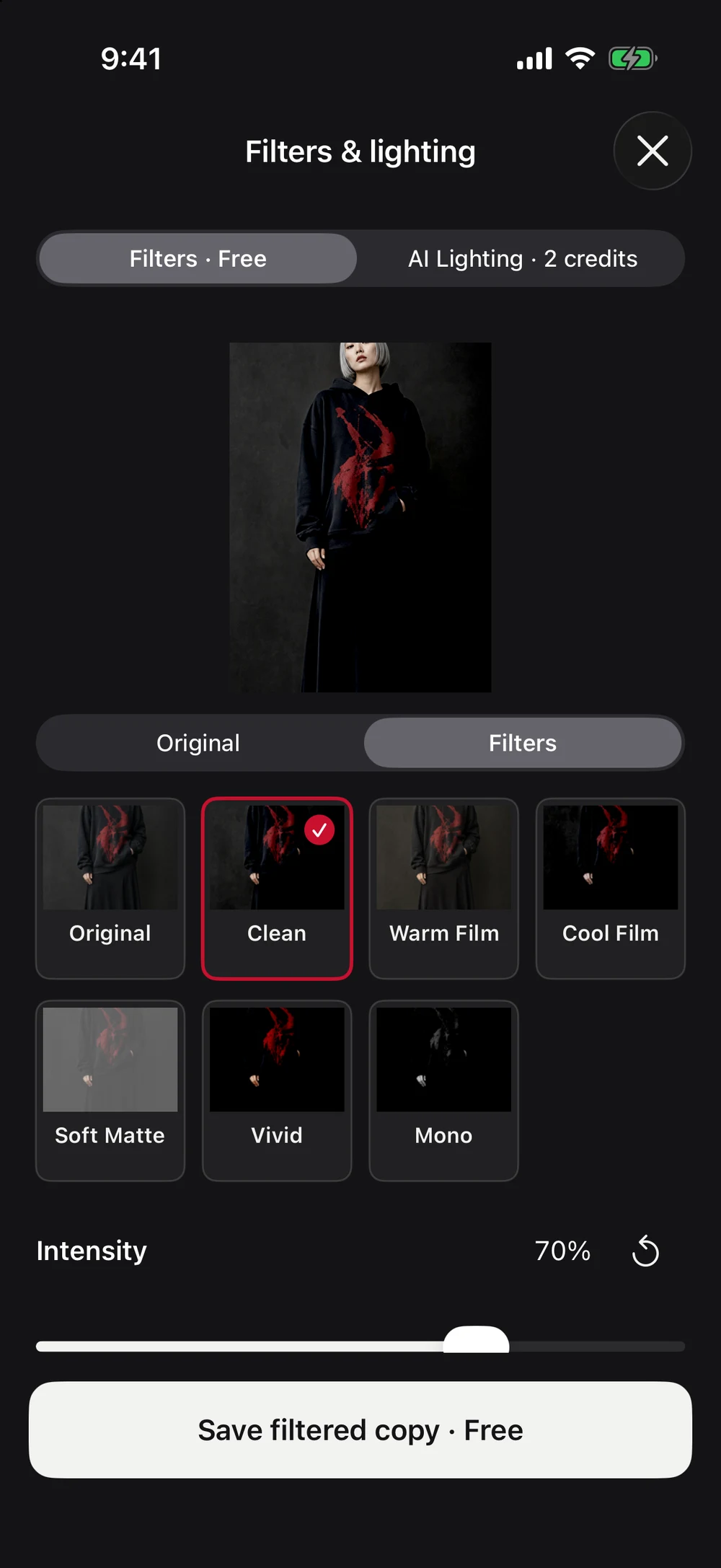 ONMODEL on-device photo filters with intensity adjustment and free save