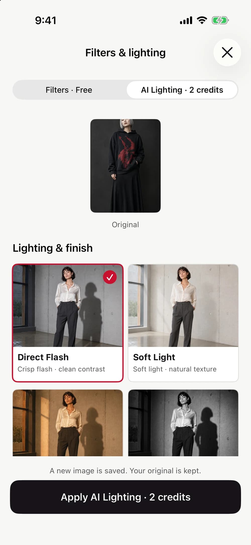 ONMODEL AI Lighting with Direct Flash, Soft Light, Film Warmth and Silver Mono samples