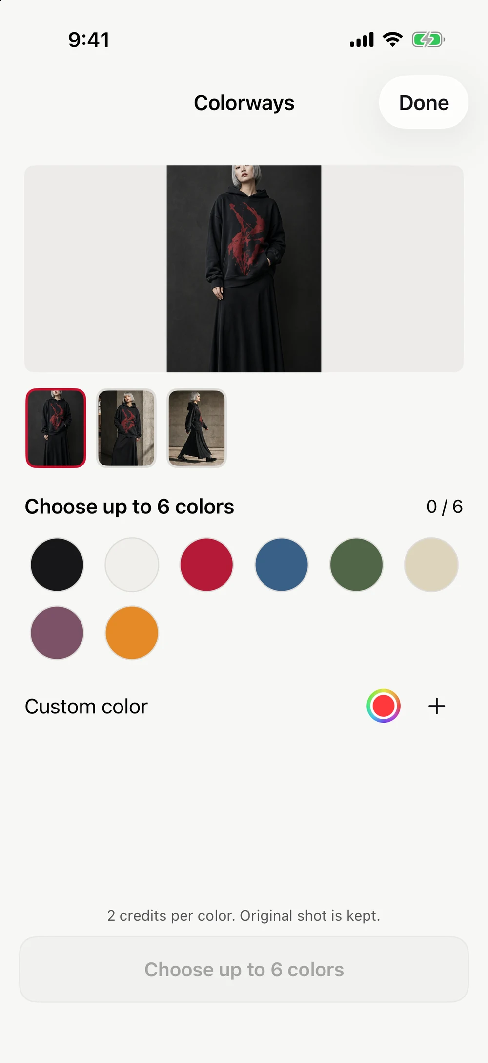 ONMODEL Colorways with custom color selection and visible generation cost