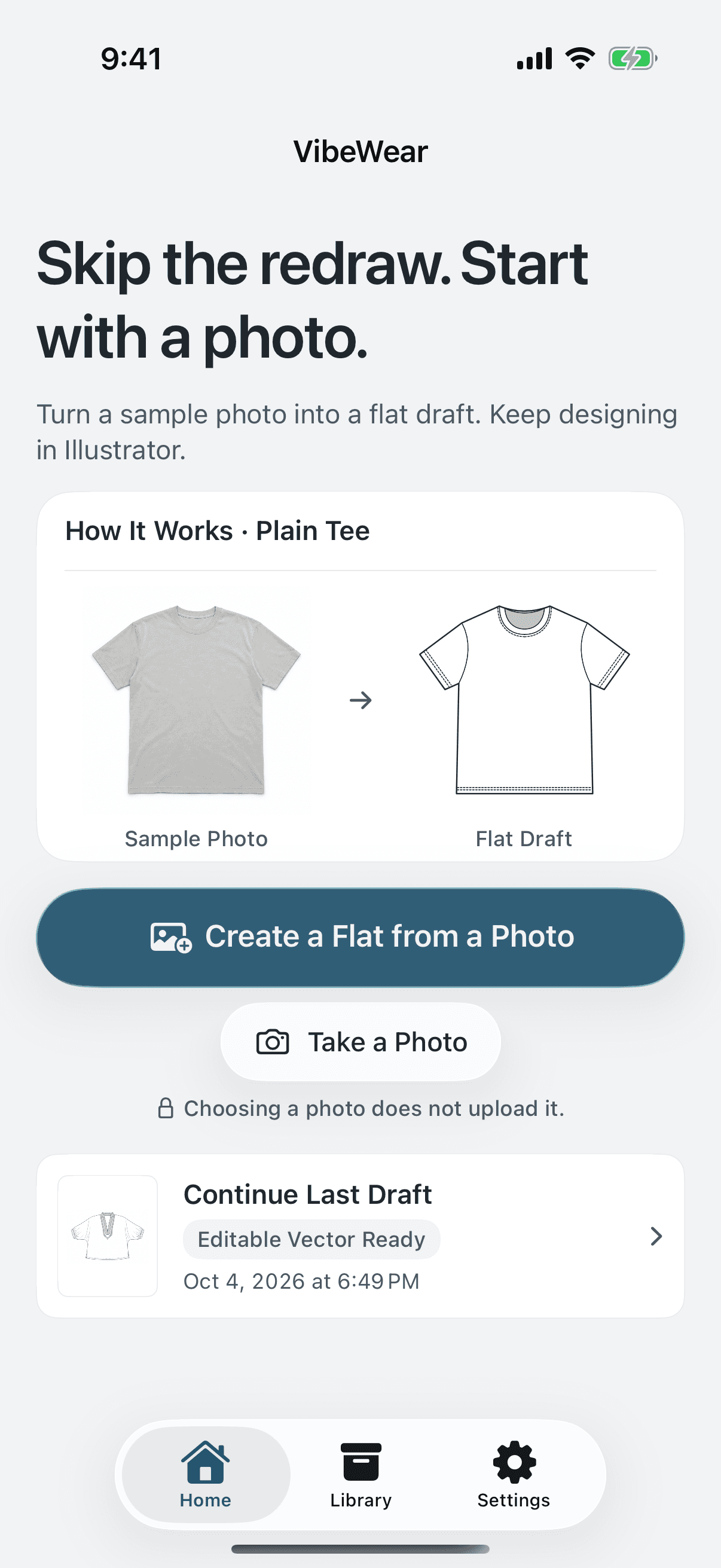 VibeWear iOS preview introducing the garment photo to flat drawing workflow