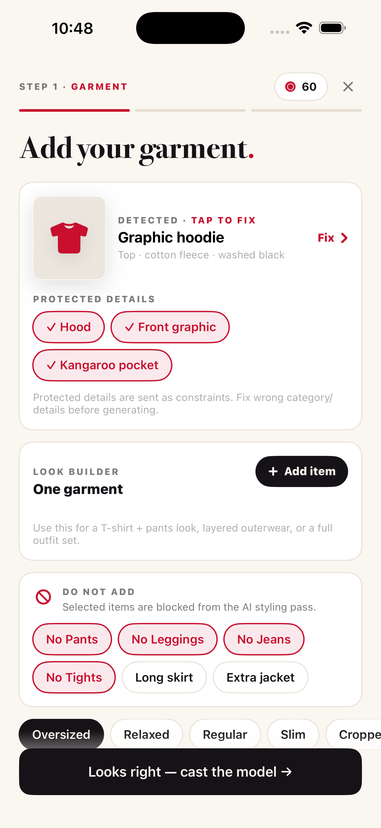 ONMODEL garment analysis screen with look builder and do not add clothing controls