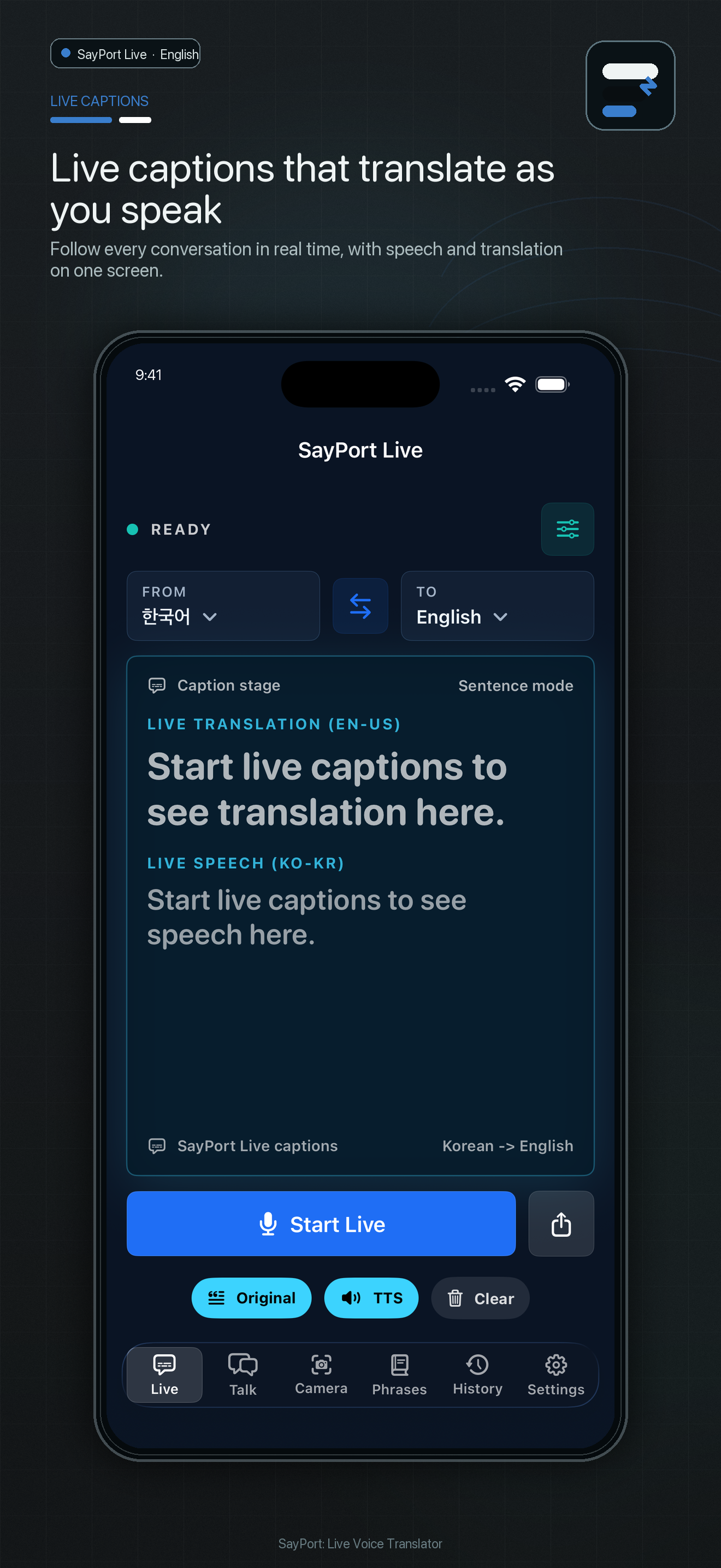 SayPort Live App Store preview showing live captions
